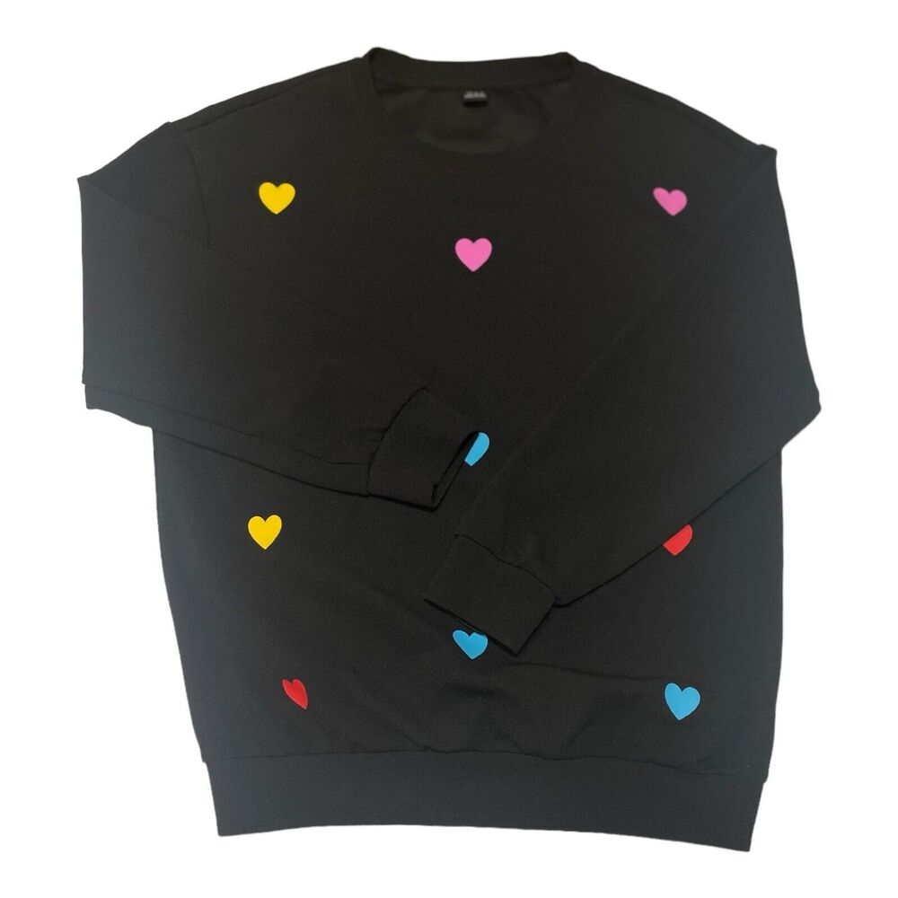 SHEIN Black Top With Colorful Hearts Long Sleeve Women’s‎ Medium Shirt - Picture 4 of 10